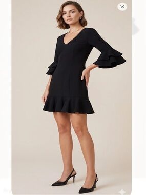 5 a 7 Cinq a Sept Black V-Neck Ruffle Sleeve Mini Dress